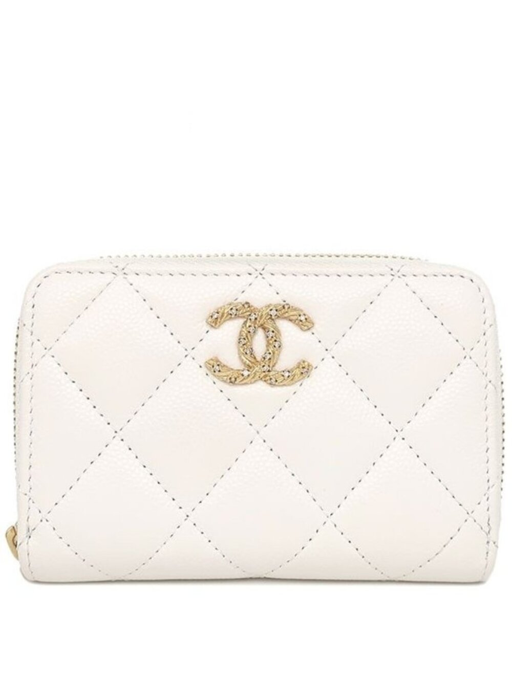 Chanel Coin Purse Quilted Caviar Leather White Gold Card Case CC Logo